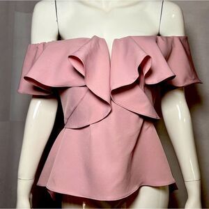 nWOt Hello Miss Women's Large Off Shoulder High Low Pink Ruffle Blouse